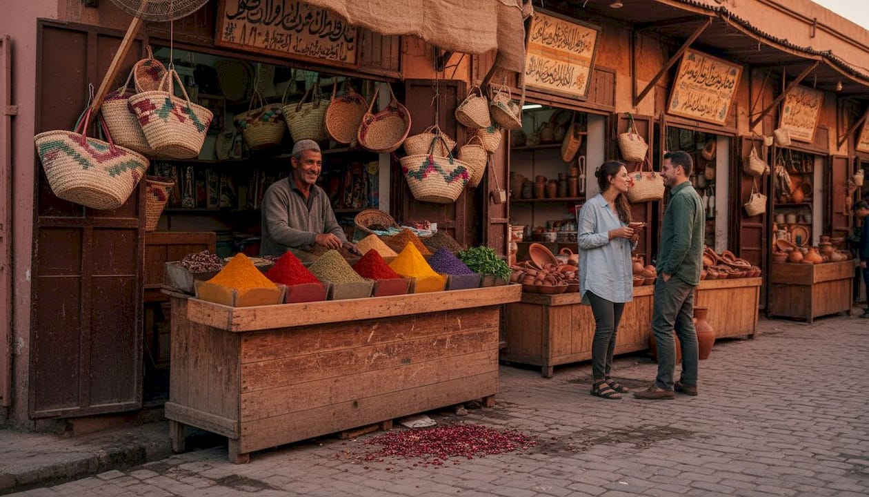 Moroccan marketplace with spice vendor and tourists
