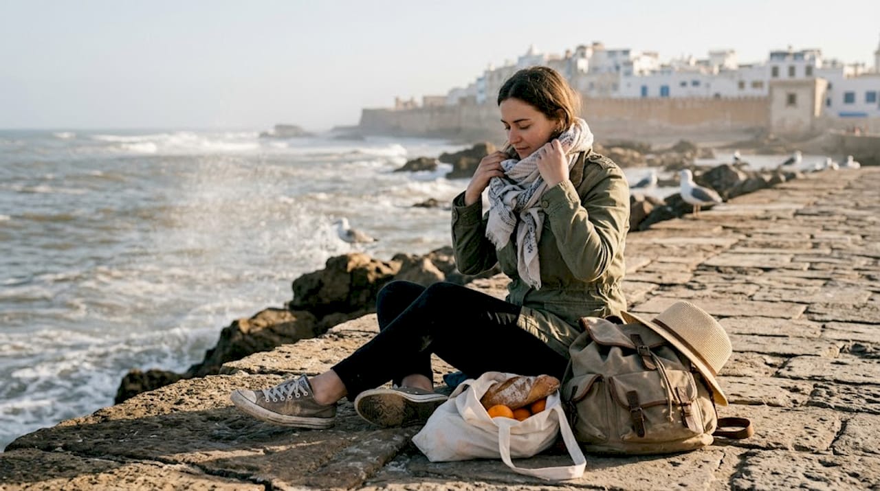 Woman preparing at windy Essaouira seaside
