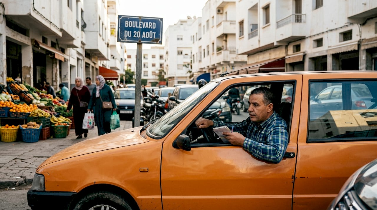 Petit orange taxi and busy Agadir street