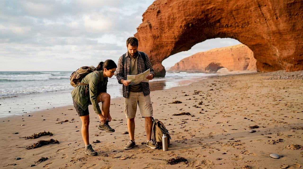 Travelers exploring Legzira Beach and rock arch